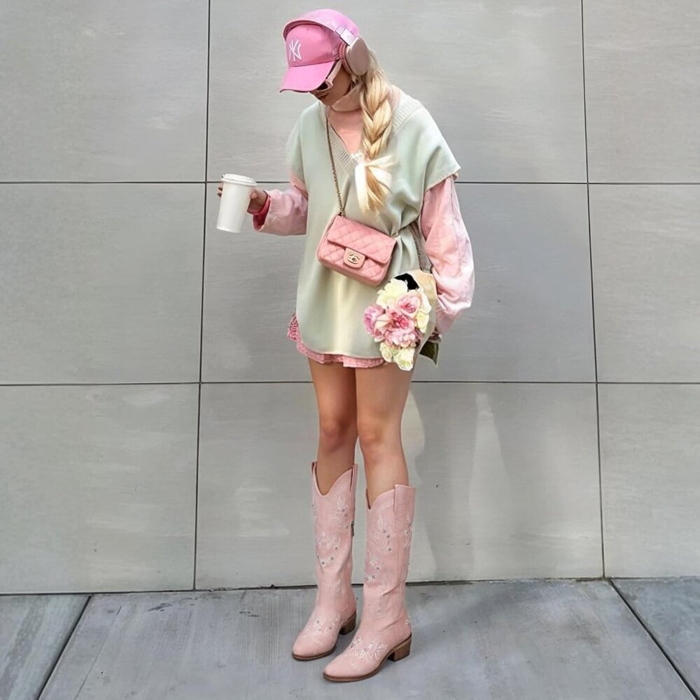 Women Polyurethane Light Pink Rhinestone Embroidered Chunky Heel Knee High Boots - Picture 2 of 5